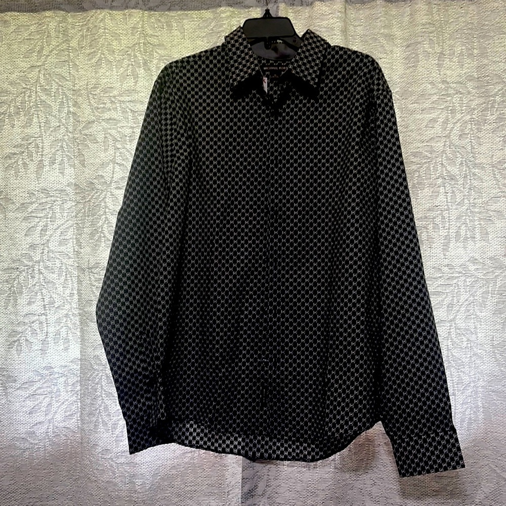 Michael Kors XL stretch black with white MK logo men’s button up dress shirt.